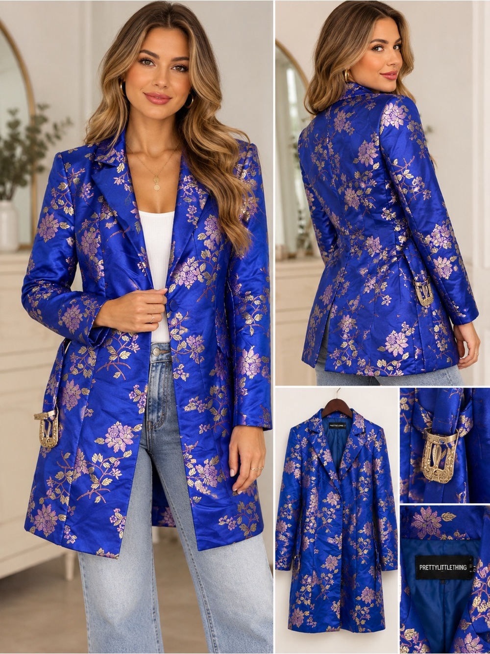PrettyLittleThing Royal Blue Satin Floral Tailored Blazer